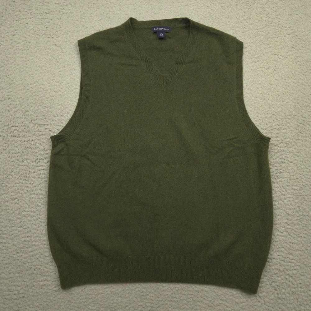 Lands End Mens XL 100% Cashmere Sweater Vest Green V Neck Pullover Knit